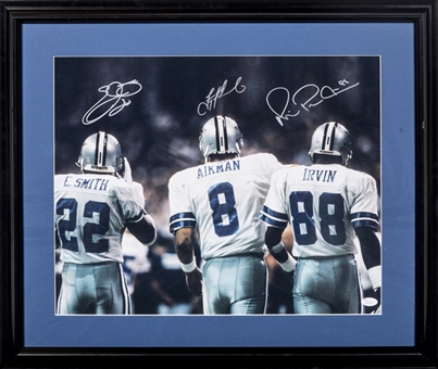 Aikman, Smith, and Irvin Triple Signed 16 x 20 Framed Photograph (JSA)